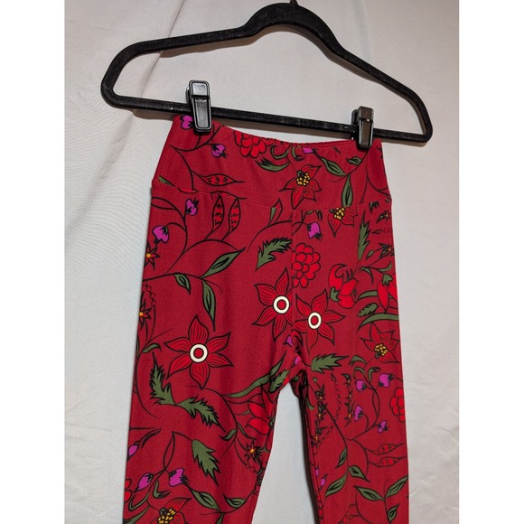 LuLaRoe Women's Red Leggings Pink Green Floral Print Buttery Soft One Size - Picture 2 of 8